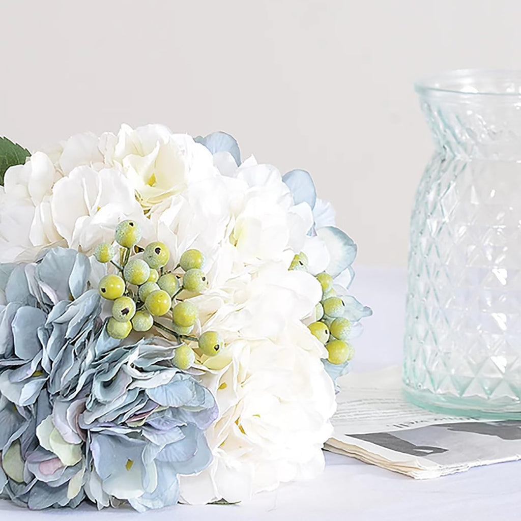 Wracra Hydrangeas Floral Arrangement in Glass Vase; Fake Flowers Blue