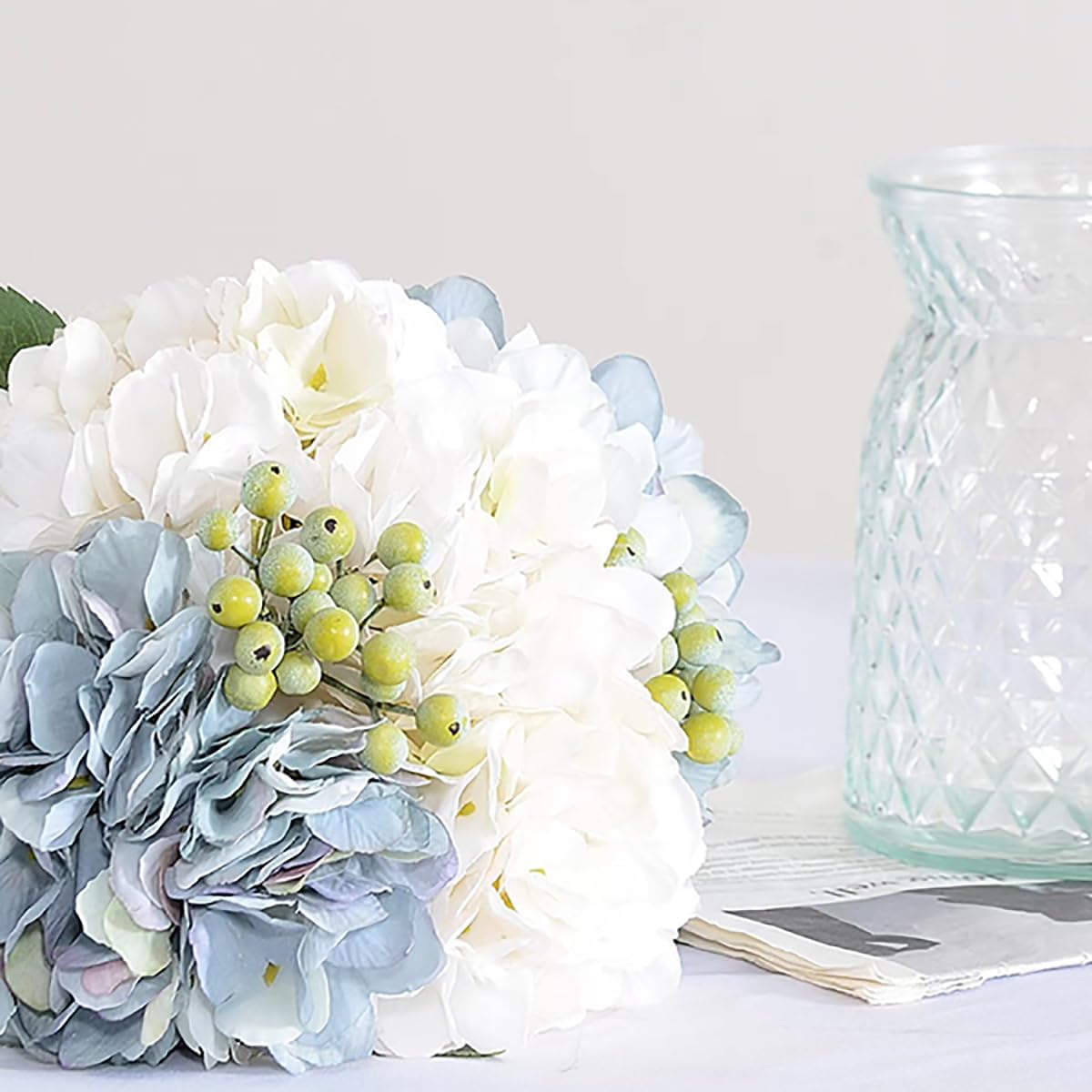 Wracra Hydrangeas Floral Arrangement in Glass Vase; Fake Flowers Blue