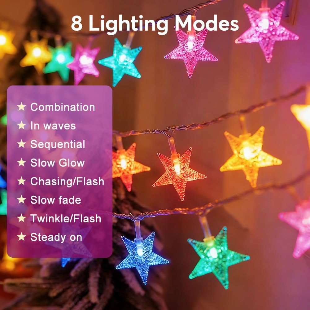 RaThun 65.6ft Star String Lights with Remote, Multicolor & Warm White