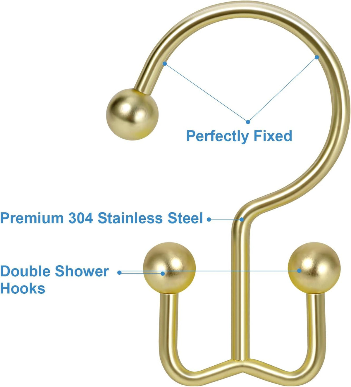TOPROD 12 Pack Shower Curtain Hooks Rings, Double Sided Shower Hooks for Shower Curtain, Stainless Steel Shower Rings Rust Proof for Bathroom Shower Curtain Rod Curtains, Free Gliding, Gold