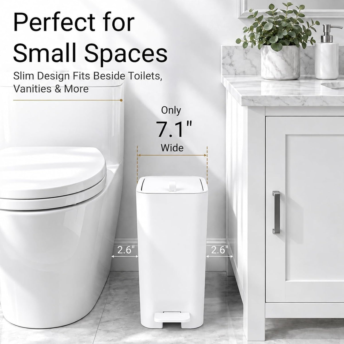 Small Bathroom Trash Can with Lid, Slim Garbage Can, 3.2 Gallon, White