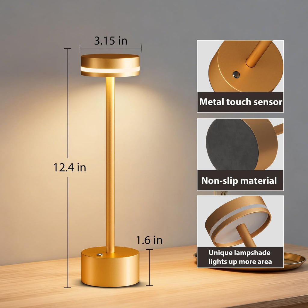 2 Pack Rechargeable Cordless Table Lamps Gold Touch Dimmable