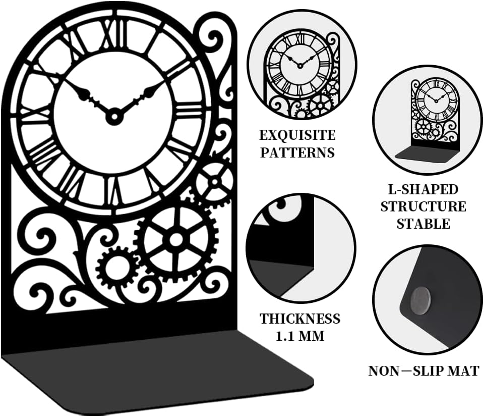 Clock Metal Bookends for Shelves, Timeless Clock Design Book Ends for Bookshelf Decorative Books, Book Ends for Heavy Books Used for Home Office Desk Organizer and Library Decor