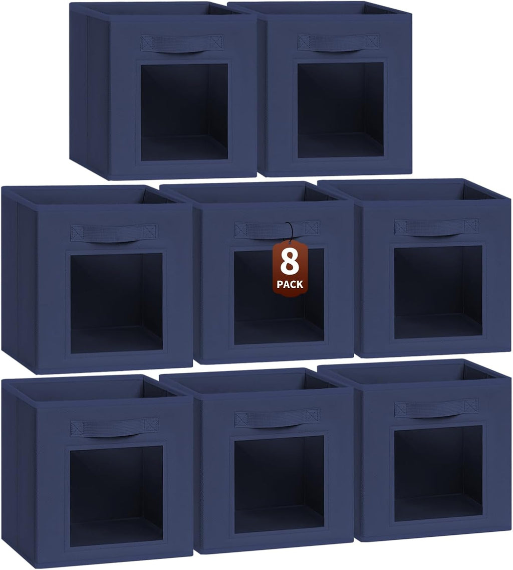 Homsorout Storage Cube 11 Inch - Cube Storage Bins with Window, Closet Storage Baskets with Handle, Fabric Bins for Closet, Shelves, Toys, Clothes, Set of 8, Navy Blue