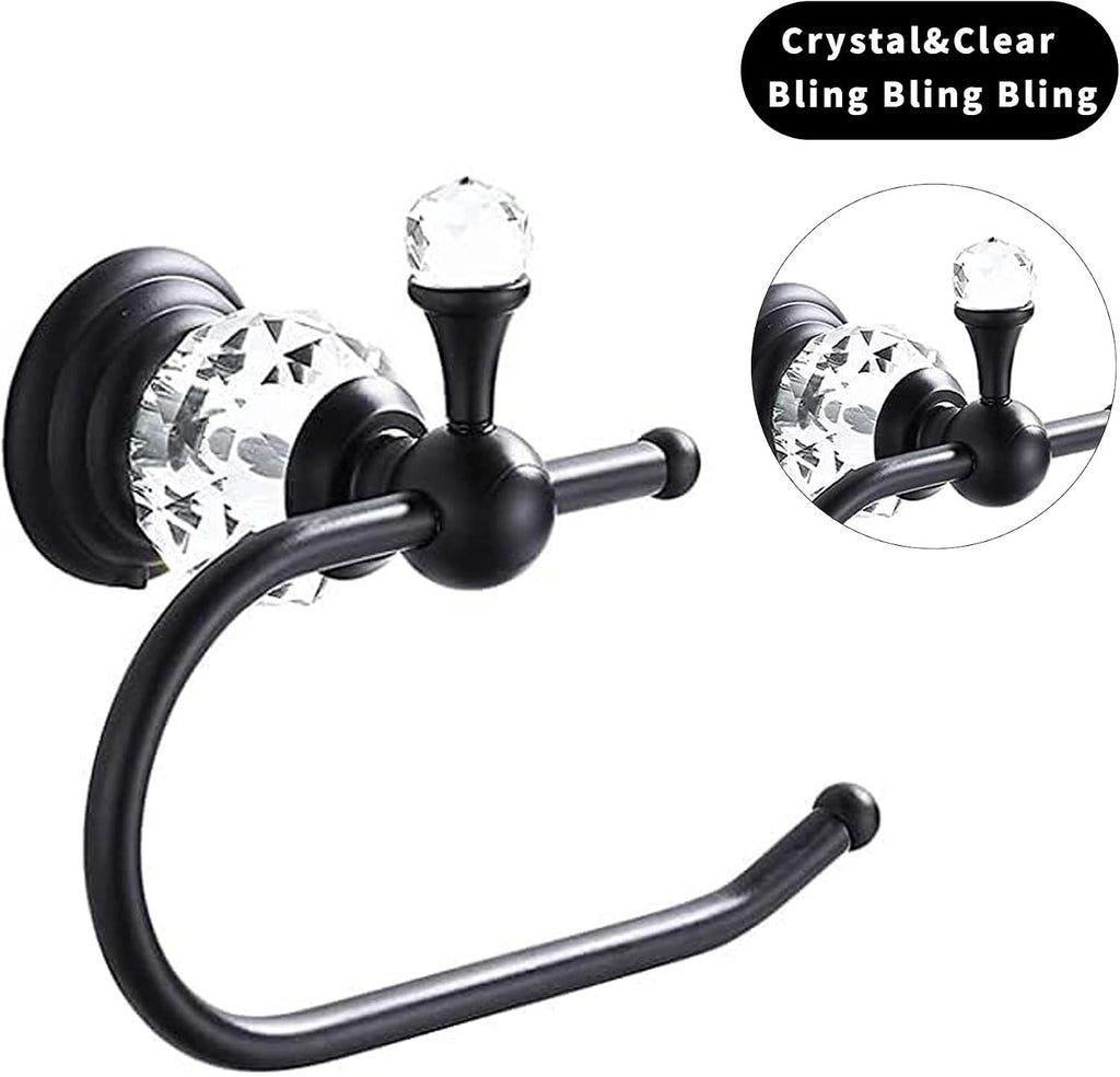 Black Crystal Toilet Paper Holder, Matte Black Bathroom Toilet Paper Roll Hanger Wall Mounted, Modern Toilet Tissue Holder Bathroom Accessory