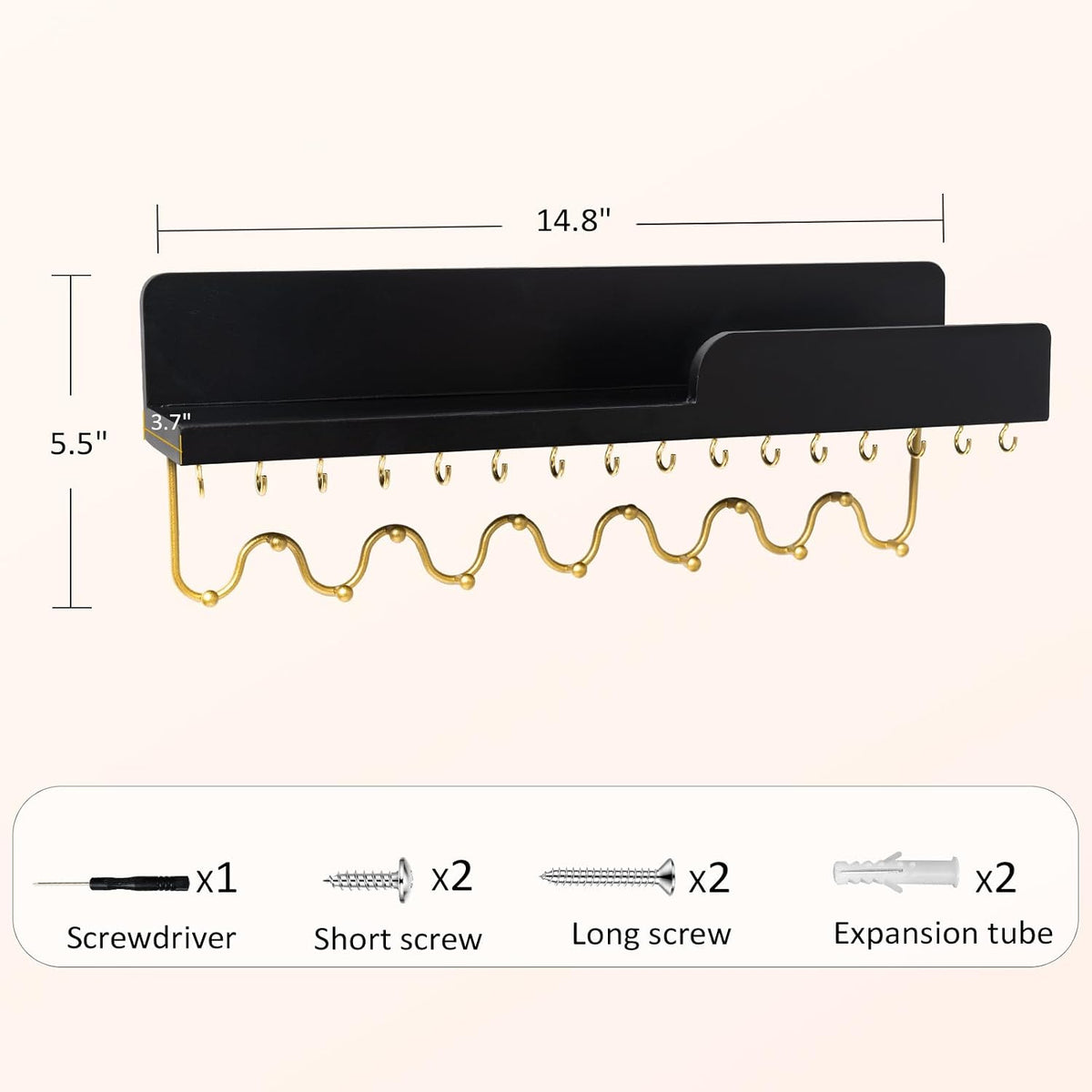 Hanging Jewelry Organizer with 29 Hooks and Cosmetics Shelf, Modern Wood Wall Mounted Jewelry Holder for Necklaces, Bracelets, Earrings and Rings, Black