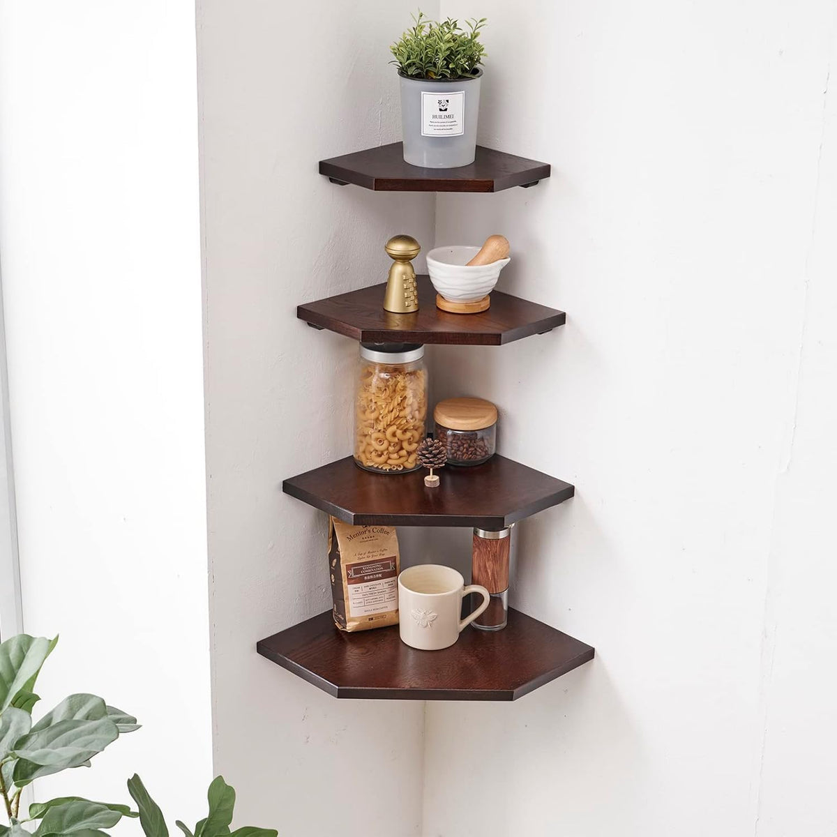Corner Wall Shelves Set 2 Wire Hole Solid Oak Wood Display Shelf ,Walnut
