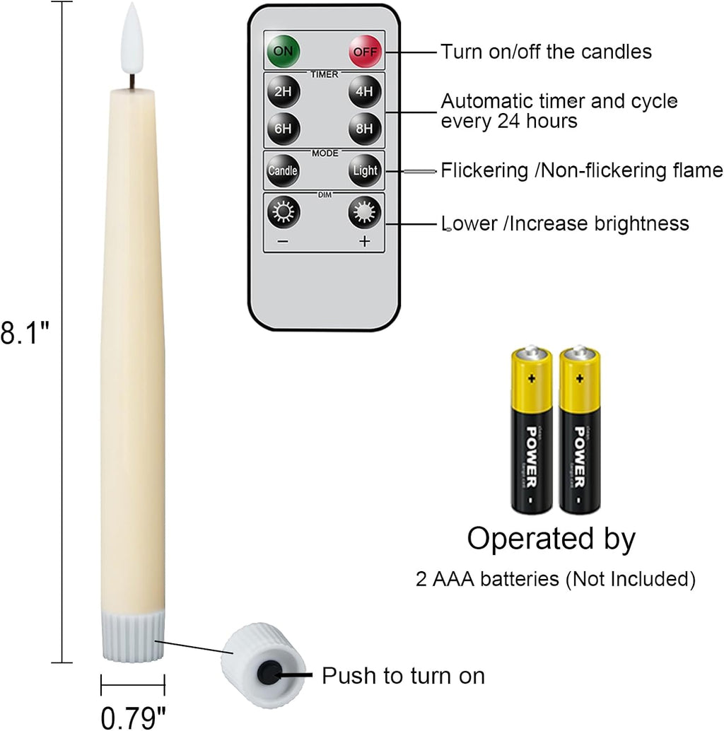 Flameless Taper LED Candles Battery Operated with Remote Timer, Ivory