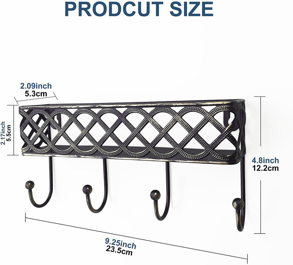 Celtic Knot Key Holder Wall Shelf - Entryway Wall Mounted Organizer with 4 Hooks, Metal Storage for Keys, Wallets, Bags, Hats (Antique Black)