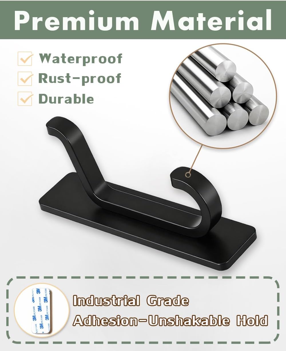 Self Adehesive Coat Hooks Heavy Duty Hooks Wall Mount Stainless Black 6Pcs