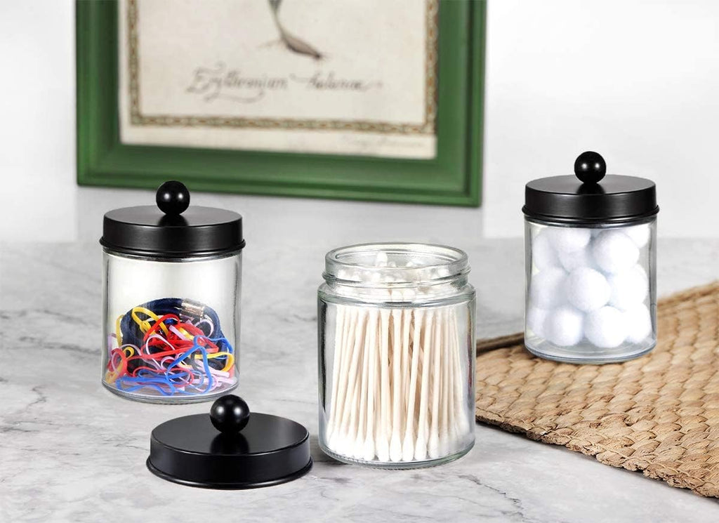 Amolliar Apothecary Jar Qtip Holder w/Metal Lid Glass,Glass, Black 2Pack