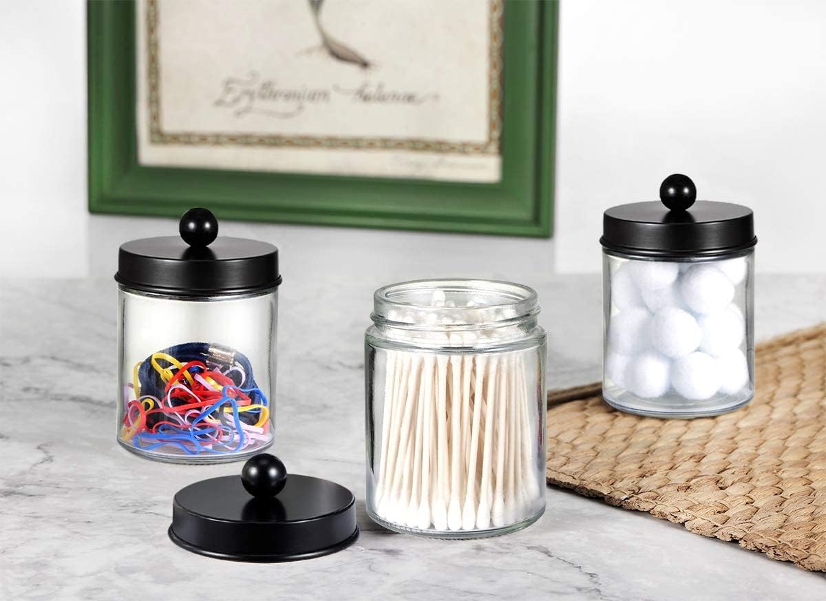 Amolliar Apothecary Jar Qtip Holder w/Metal Lid Glass,Glass, Black 2Pack