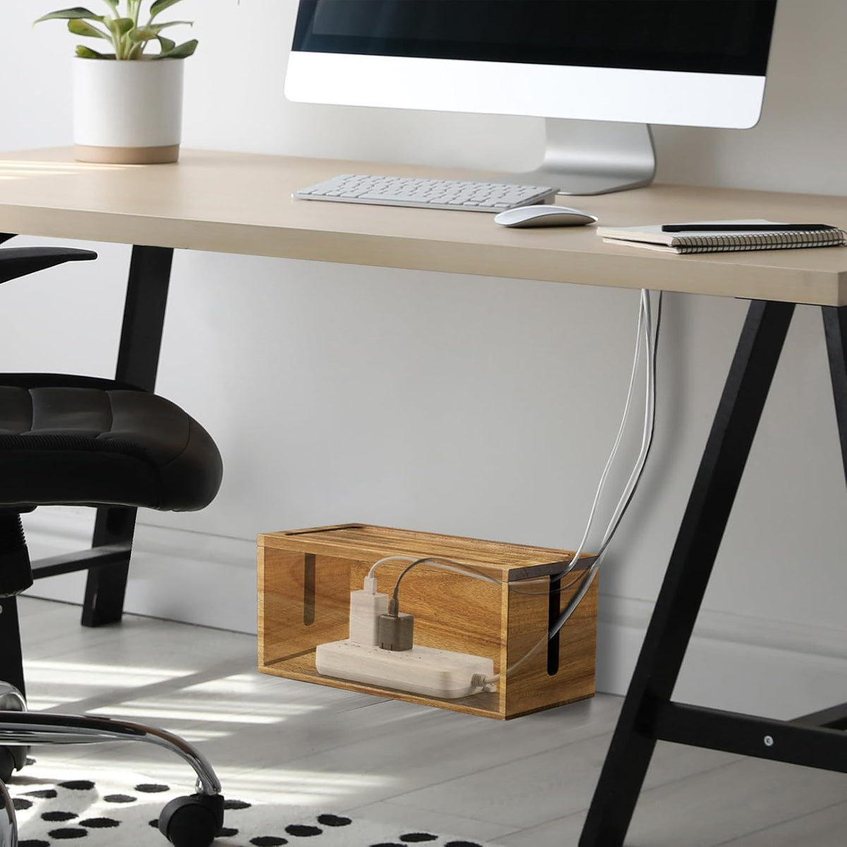 Acacia Wood Cable Management Box - Cable Organizer Box - 2 Open Slots Cords Hider Box - Under Desk Cord Organizer for Power Strip Extension Cord Surge Protector Charger Wire