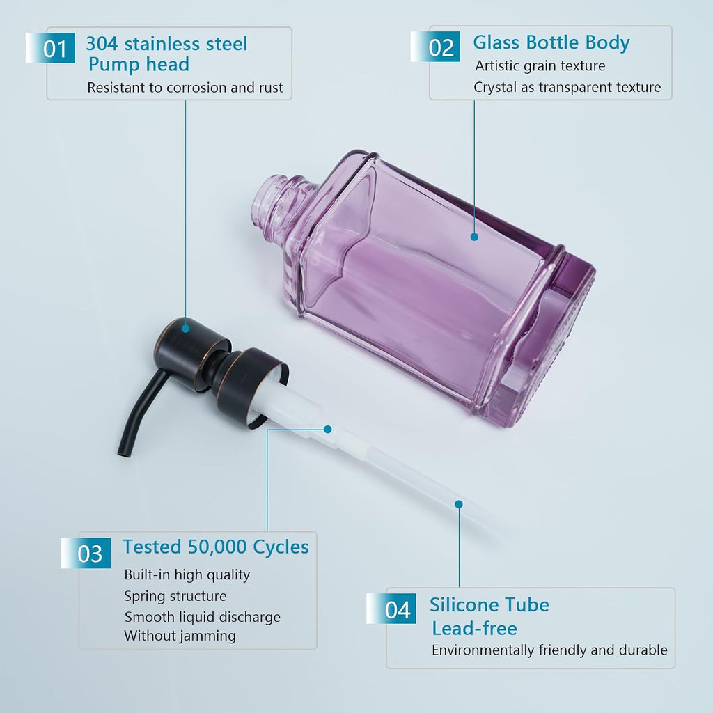 Soap Dispenser，10 Oz Antique Design Thick Glass Hand Soap Dispensers; with 304 Rust Proof Stainless Steel Pump, 6Pcs Stickers, for Kitchen,Bathroom Purple+Oil Rubbed Bronze