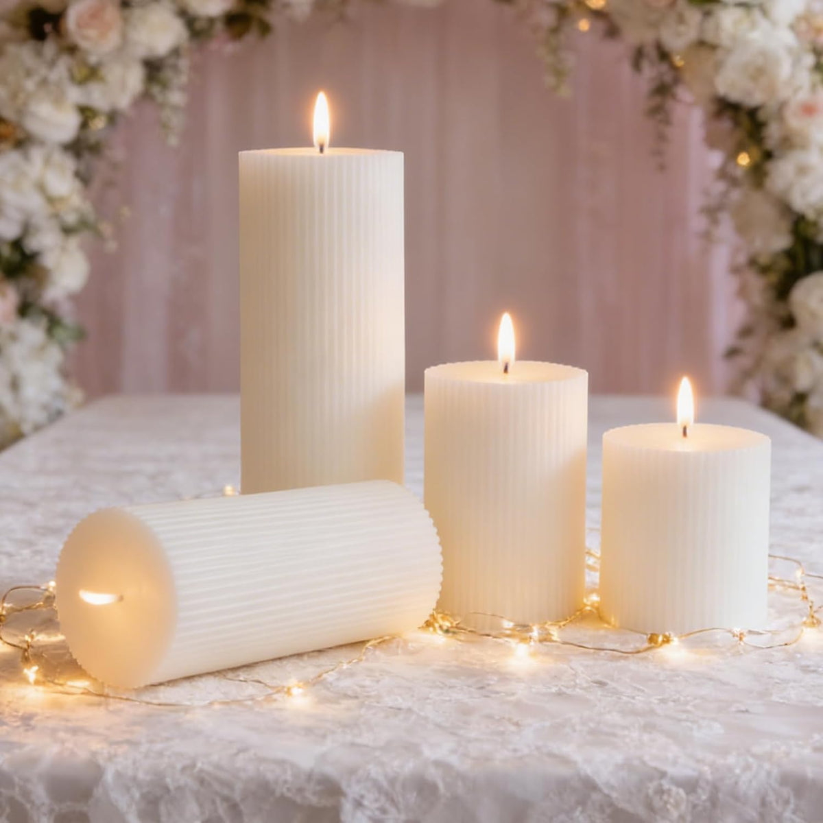 Tall Ribbed Pillar Candles 3x8 Inch 3 Pack White Soy