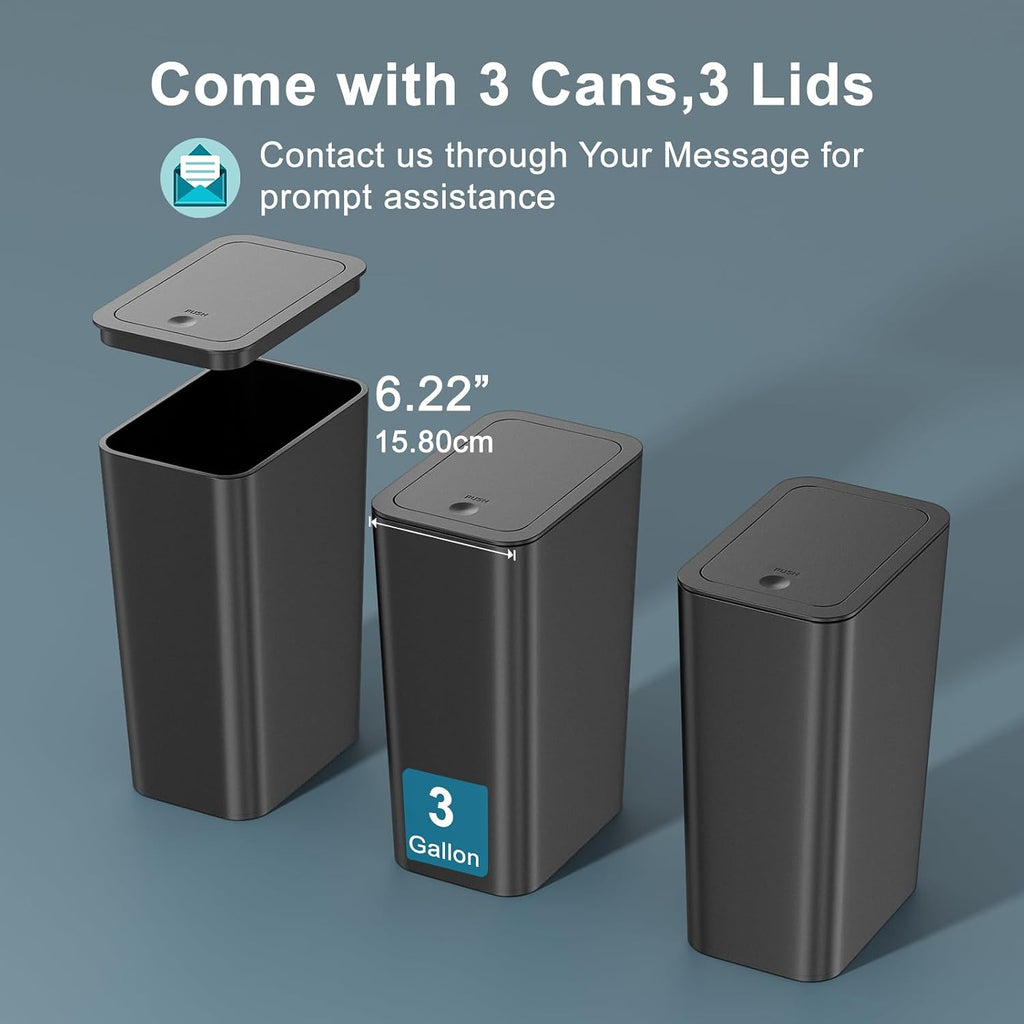 N. NETDOT 3 Pack Small Trash Can with lid, 3 Gallon Bathroom Trash Can,Garbage Can Slim Trash Bin Waste Basket for Bathroom,Kitchen,Bedroom,Living Room,Office,Laundry - Black