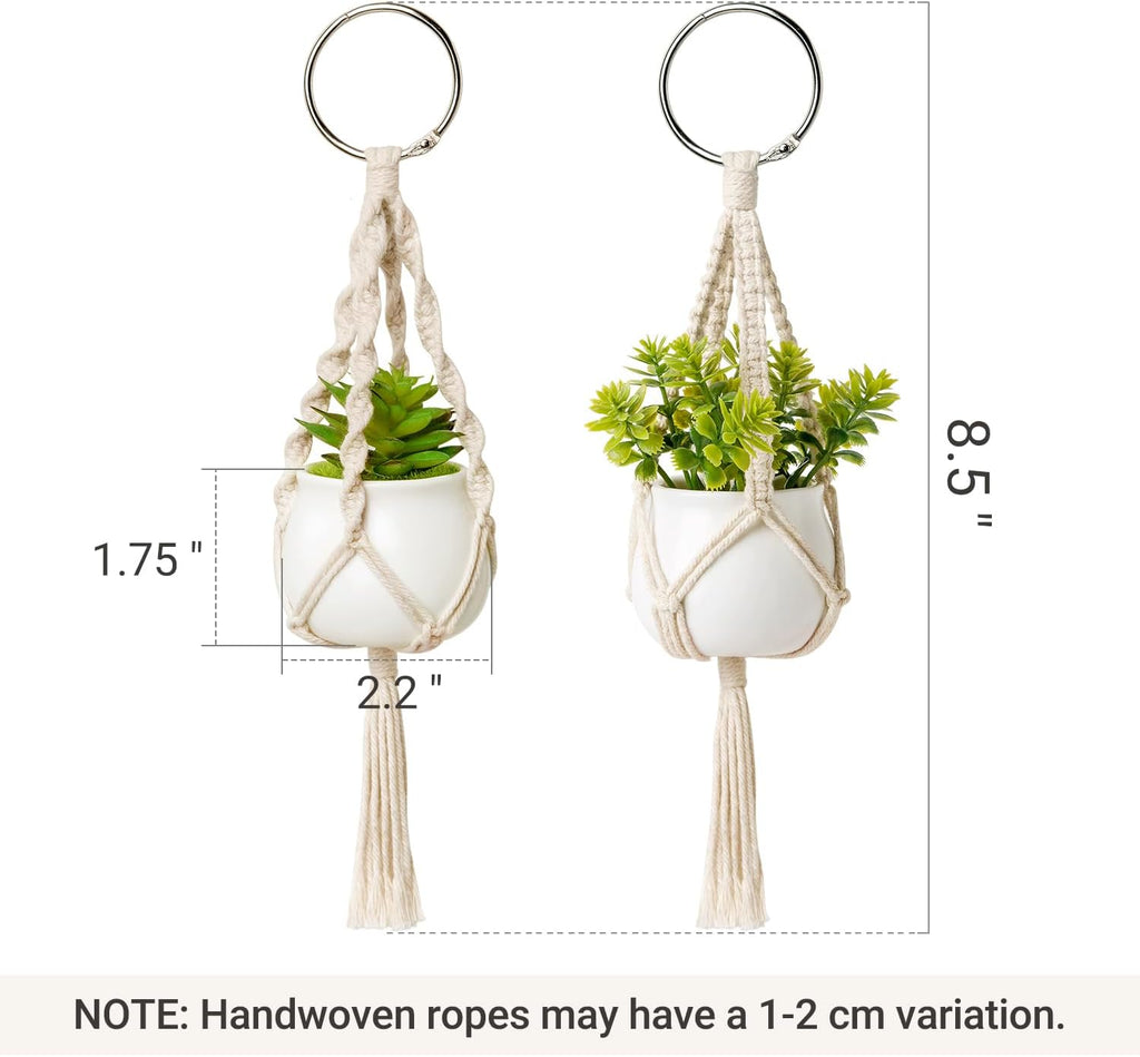 Dahey 2 Pack Mini Macrame Succulent Plant Hangers for Car Rearview Mirror