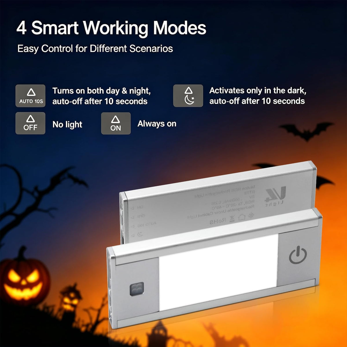 V4light Rechargeable Motion Sensor Night Light, 3-Pack Silver, RGB-6 Halloween Edition — Ultra-Thin Painted Aluminum Alloy, Magnetic Mount, 6 Eerie Colors for Haunted Pathways, Spooky Decor