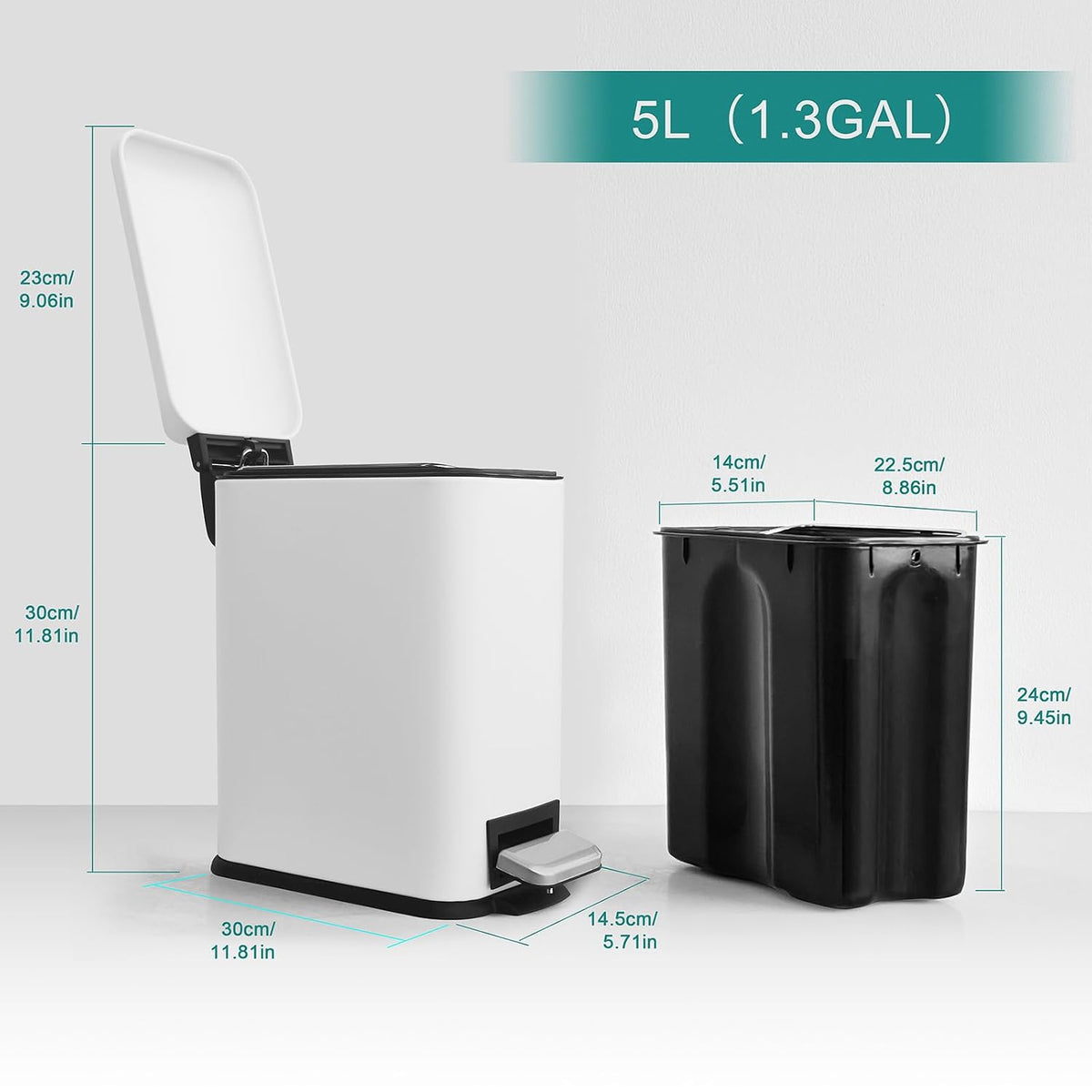 Small Bathroom Trash Can with Lid, 1.3 Gal, Soft Close, White