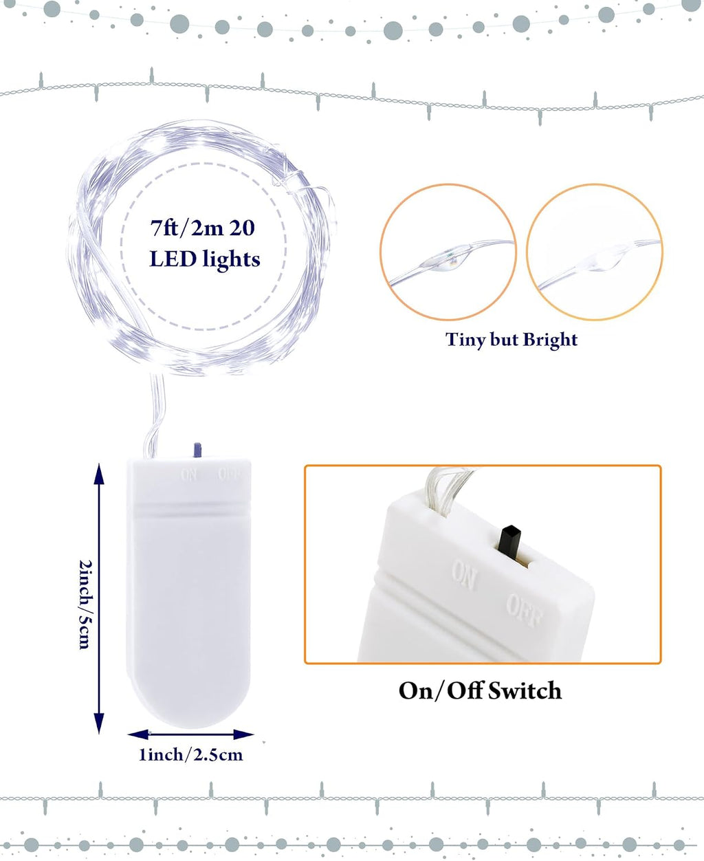 Riakrum 7ft 20 Fairy Lights Battery Operated [3 Styles], LED String Lights Bulk Waterproof String for Christmas Mason Jars Wedding Engagement Party Decorations Table Centerpiece(White,50 Pack)