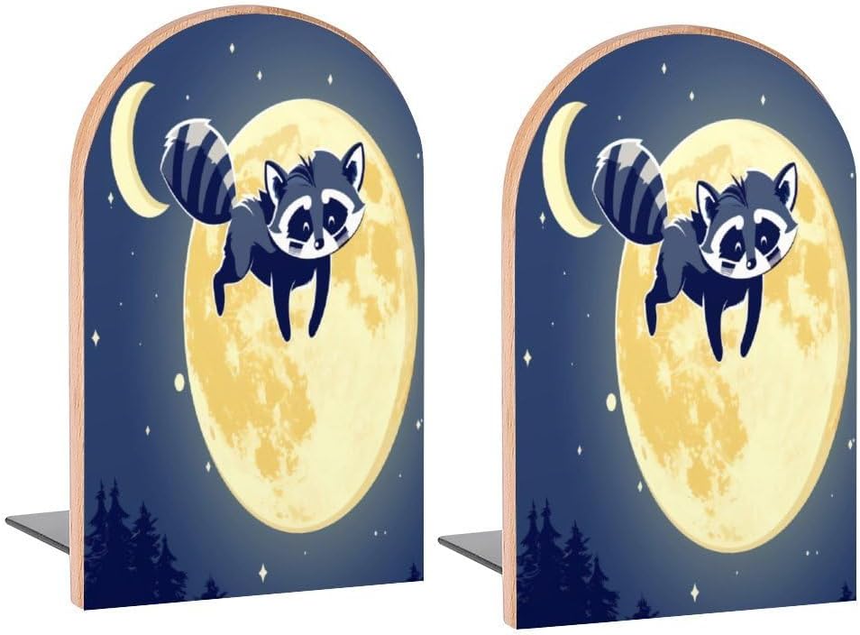Book Ends Raccoon Moon Wood Bookends for Shelves to Hold Books Heavy Duty Non-Skid Book Stoppers Wood Decorative Home Office School