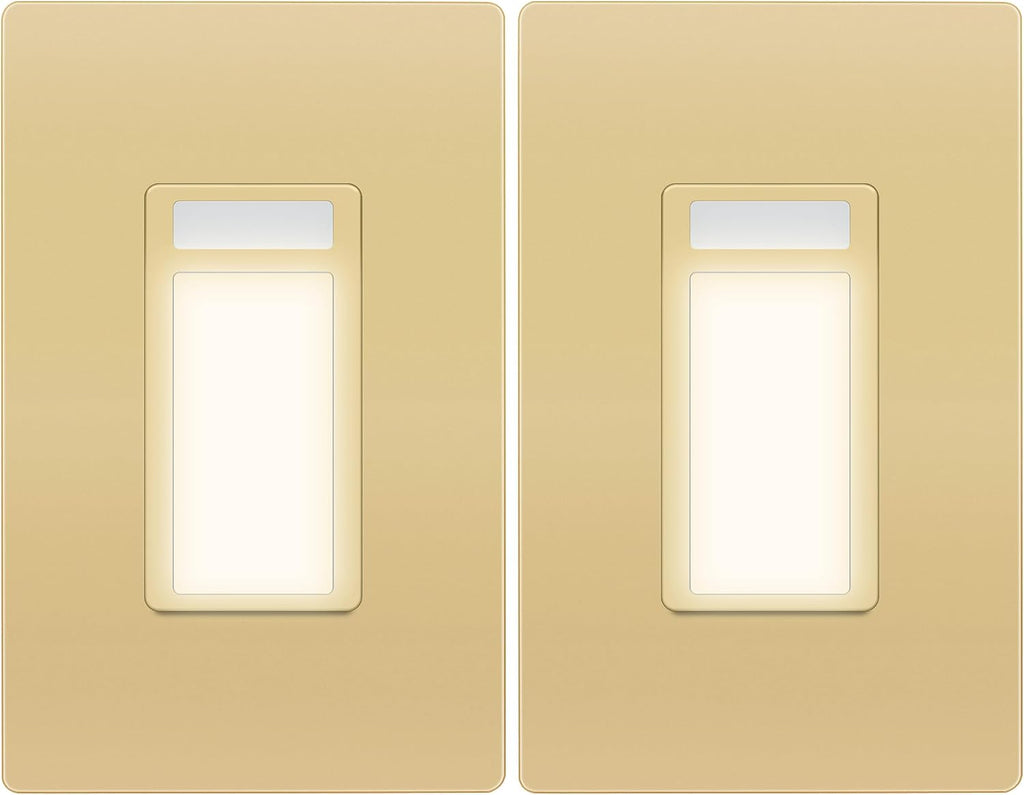 LIDER Full LED Guide Light with PIR Motion Sensor, Night Light, Adjustable Time Delay & Daylight Sensor, 3000K Warm White, Screwless Wall Plate Included, UL Listed, Thermoplastic, Matte Gold, 2-Pack