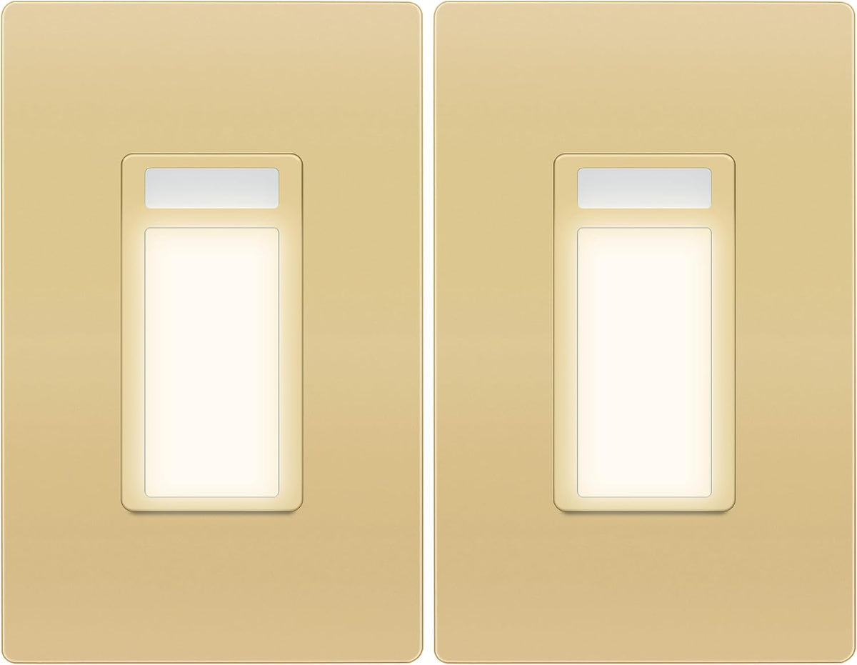 LIDER Full LED Guide Light with PIR Motion Sensor, Night Light, Adjustable Time Delay & Daylight Sensor, 3000K Warm White, Screwless Wall Plate Included, UL Listed, Thermoplastic, Matte Gold, 2-Pack