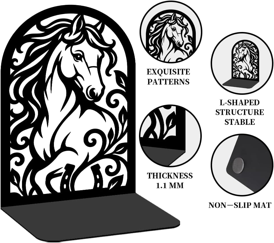 1 Pairs Metal Bookends, Galloping Horse Design Heavy Duty Black Book Support, Modern Creative Non-Skid Books Organiser for Shelves Bookshelf Office Home Decor, Bookworms Gift