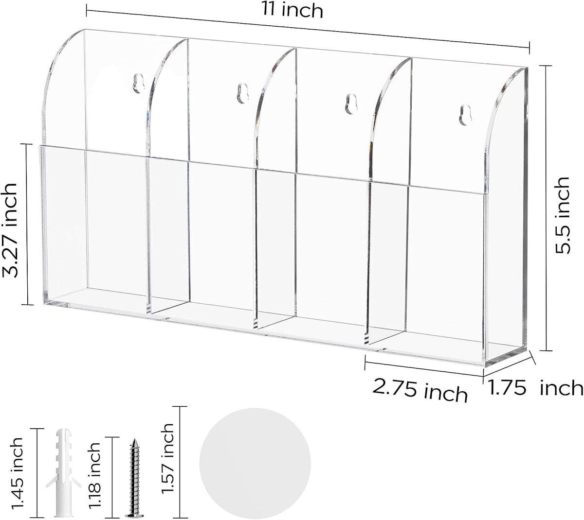 HBlife Acrylic Remote Holder Organizer, Clear TV Remote Control Wall Mount Caddy for Bedside, 4 Compartments