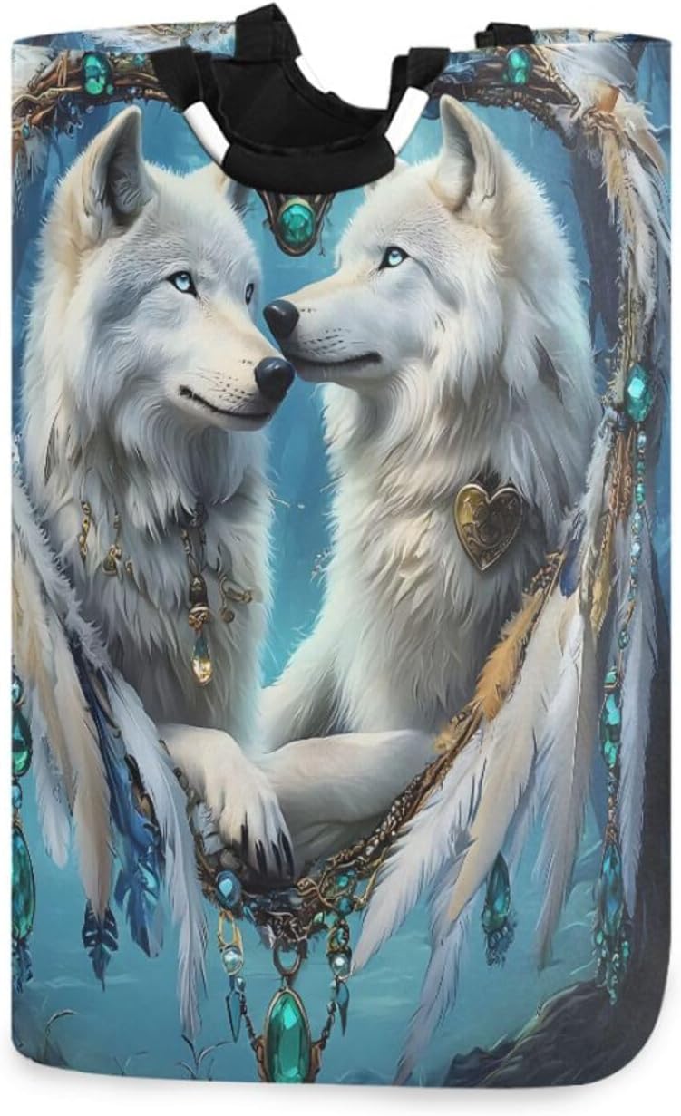 ALAZA Arctic Wolf Dreamcatcher Large Laundry Hamper Basket Laundry Bag Stylish Collapsible Oxford Cloth Home Storage Bin with Handles, 22.7 Inch
