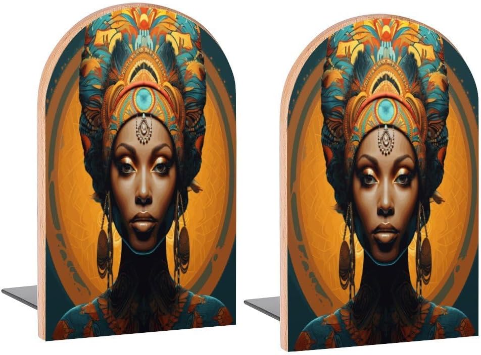 Book Ends African Woman Portrait Mandala Wood Bookends for Shelves to Hold Books Heavy Duty Non-Skid Book Stoppers Wood Decorative Home Office School