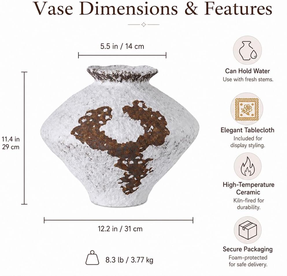 Wabi Sabi Rusty Vintage Vase, 11.4" Tall Wabi Sabi Decor Rustic Farmhouse Pottery Vase for Centerpiece, Textured Pottery Flower Vases for Home Decor, Table, Living Room, Bathroom, Kitchen