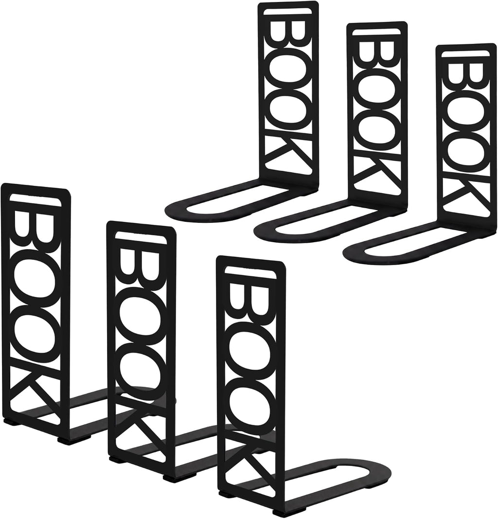 Book Ends for Shelves Set of 6, Black Modern Minimalist Metal Bookends Decorative Book Holder for Home Office Desk Bookshelf Decor Book Shelf Organizer