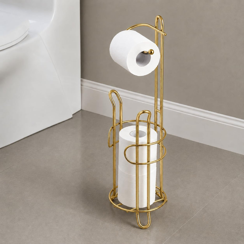 SunnyPoint Bathroom Toilet Tissue Paper Roll Storage Holder Stand with Reserve, The Reserve Area Has Enough Space to Store Mega Rolls (Gold)
