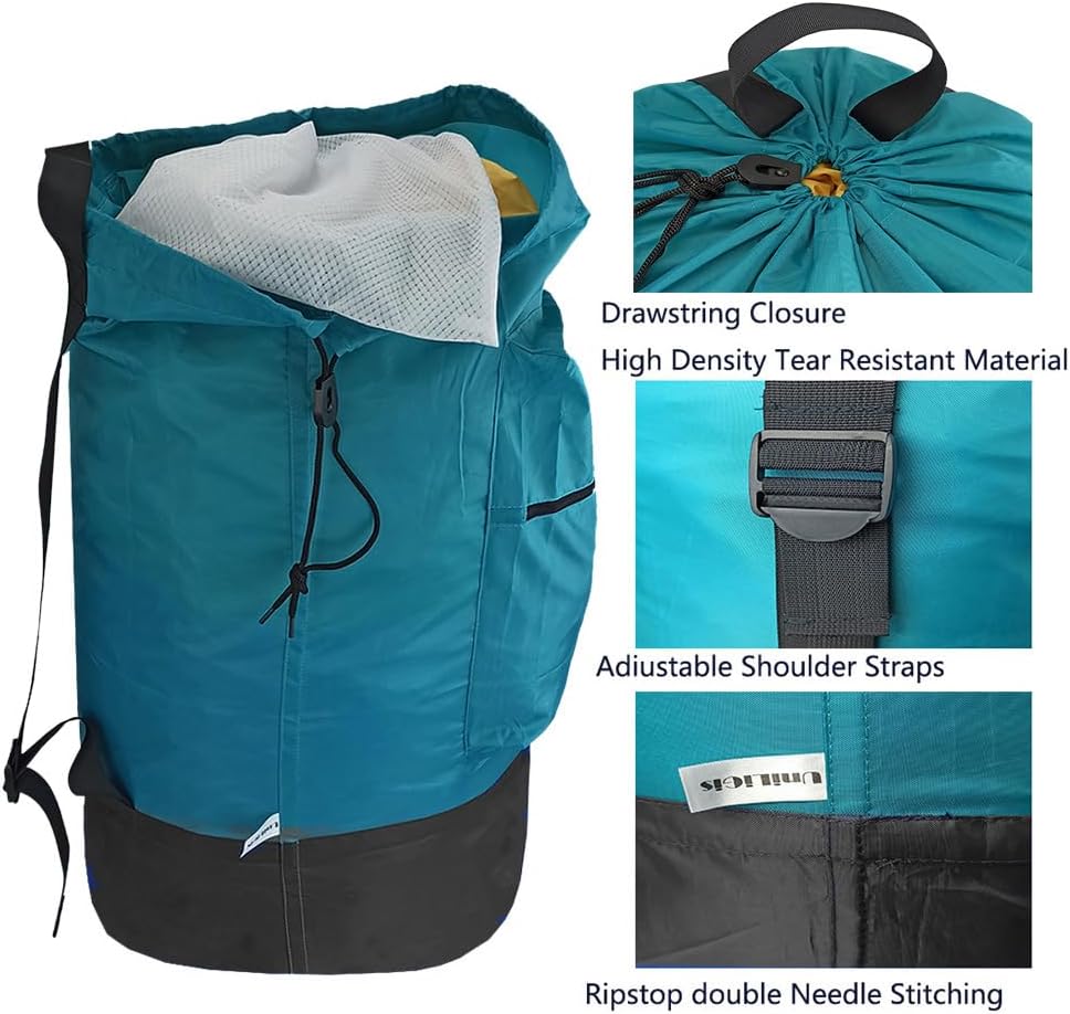 Washable Laundry Bag Backpack with Zipper Pocket, Heavy Duty Clothes Bag, 2 Strong Adjustable Shoulder Straps with Drawstring Closure for Travel, Camping or College, Blue Aqua