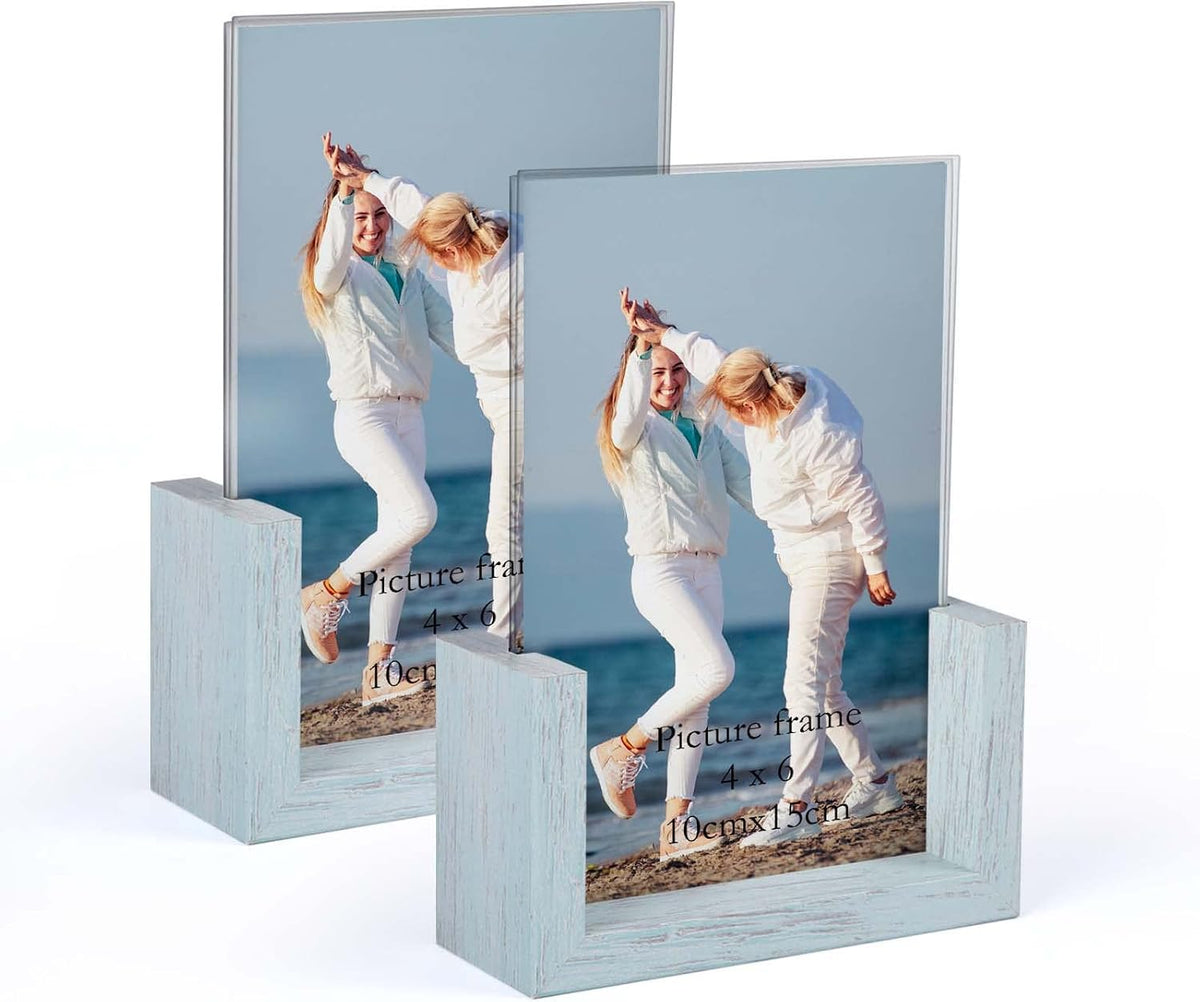 PETAFLOP 4x6 Picture Frame 2 Pack, Double Sided Glass Photo Frames 4 by 6 U-Shaped Blue Menu Holder Sign Card Stand for Desktop or Tabletop