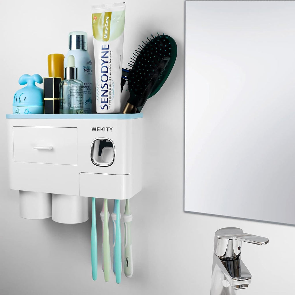Multifunctional Wall-Mounted Toothbrush Holder, Automatic Toothpaste Dispenser Space Saving Toothbrush and Toothpaste Holder, with 2 Cup and Drawers Cosmetic Organizer (Blue)