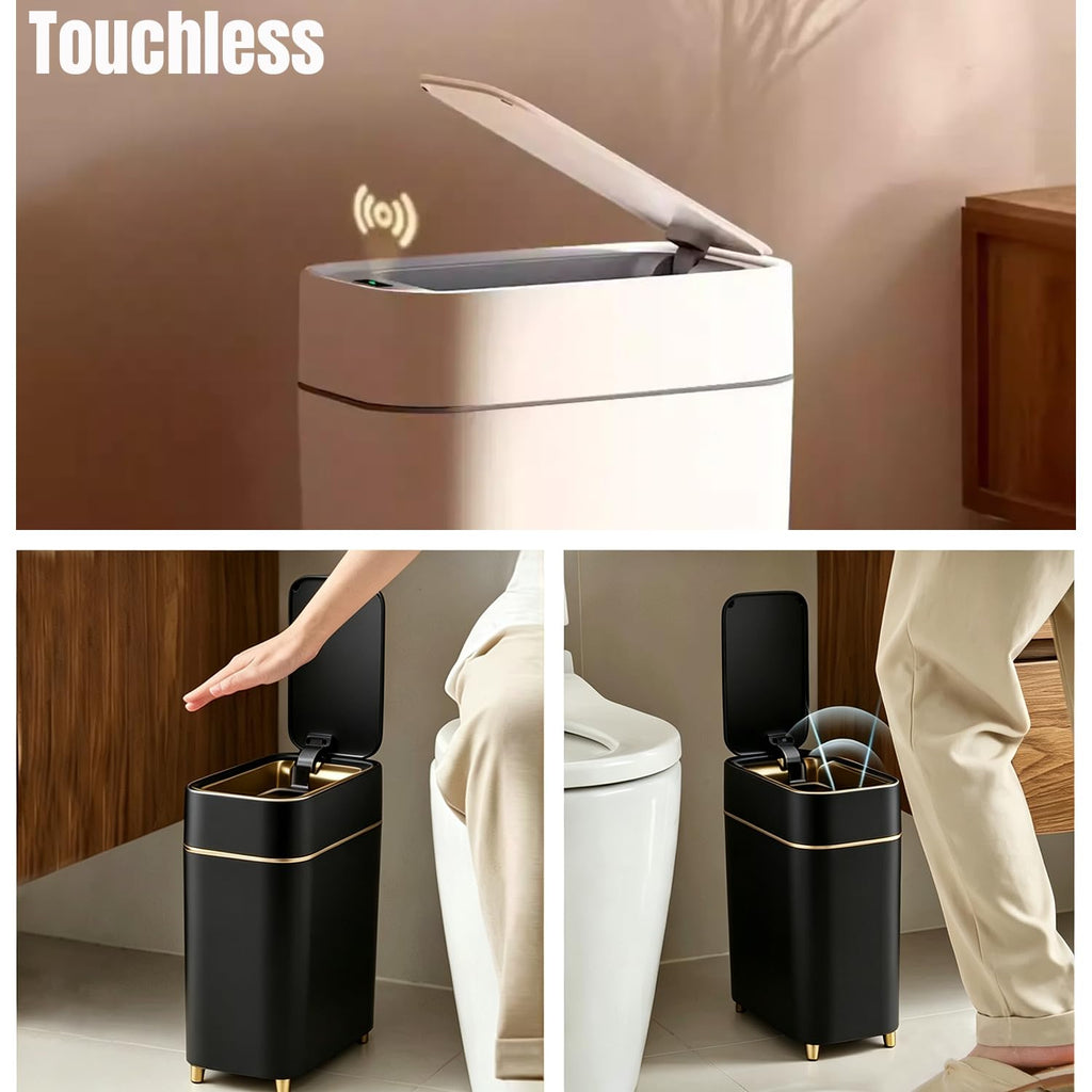 LALASTAR 2-Pack Bathroom Trash Can with Lid, Slim Motion Sensor Trash Can, Small Automatic Garbage Can Touchless, Waterproof Trash Bin for Bedroom, Office, Living Room, 2.3 Gal, Black with Gold Trim