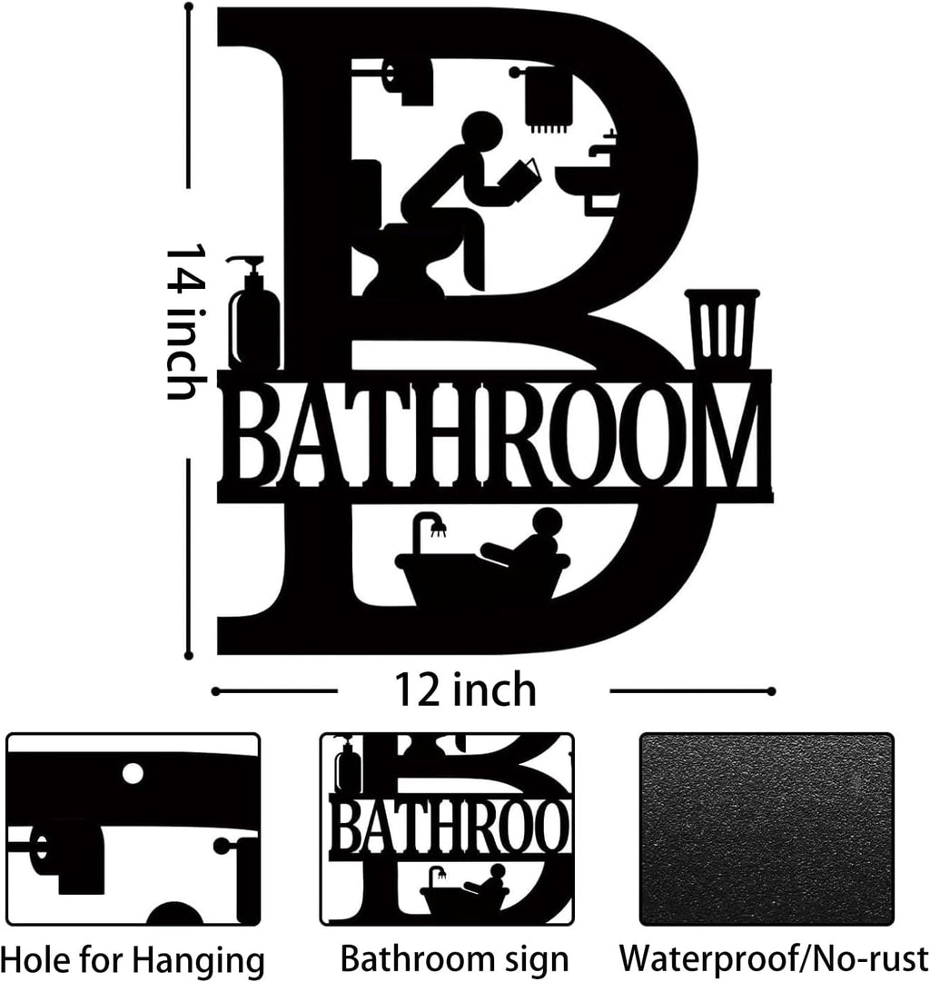 Metal Bathroom Signs Wall Decor, 12x14 Inch Black Bathroom Wall Art, Farmhouse Funny Restroom Sign for Modern Home Decoration Gift for Housewarming
