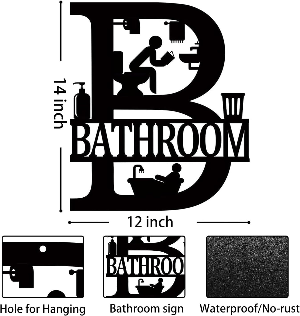 Metal Bathroom Signs Wall Decor, 12x14 Inch Black Bathroom Wall Art, Farmhouse Funny Restroom Sign for Modern Home Decoration Gift for Housewarming