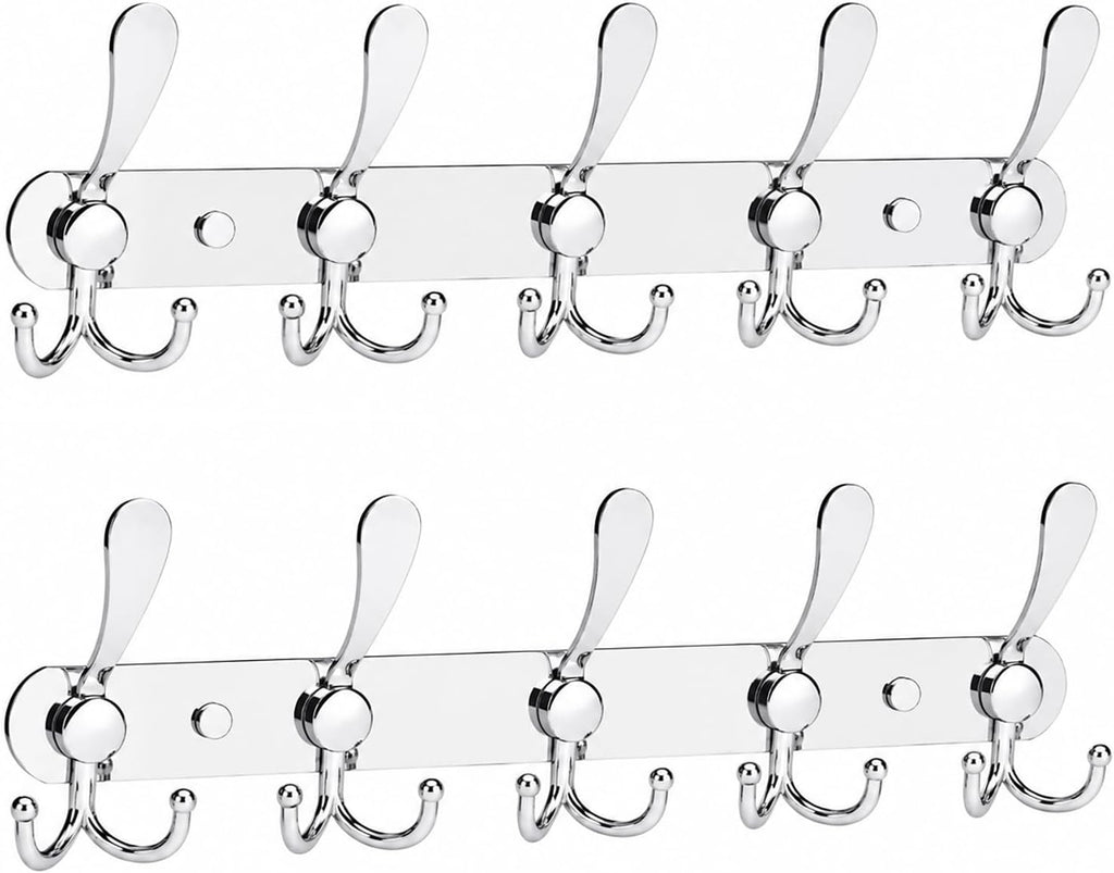 YUNISS Coat Rack Wall Mounted，5 Tri Stainless Steel Coat Hook for Coat Hat Robes Towel in Mudroom Entryway (Sliver, 2 Pack 5 Hook)