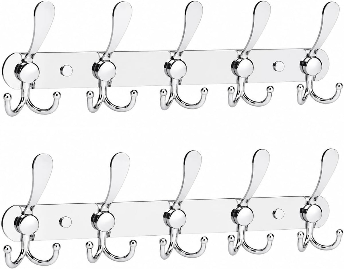 YUNISS Coat Rack Wall Mounted，5 Tri Stainless Steel Coat Hook for Coat Hat Robes Towel in Mudroom Entryway (Sliver, 2 Pack 5 Hook)