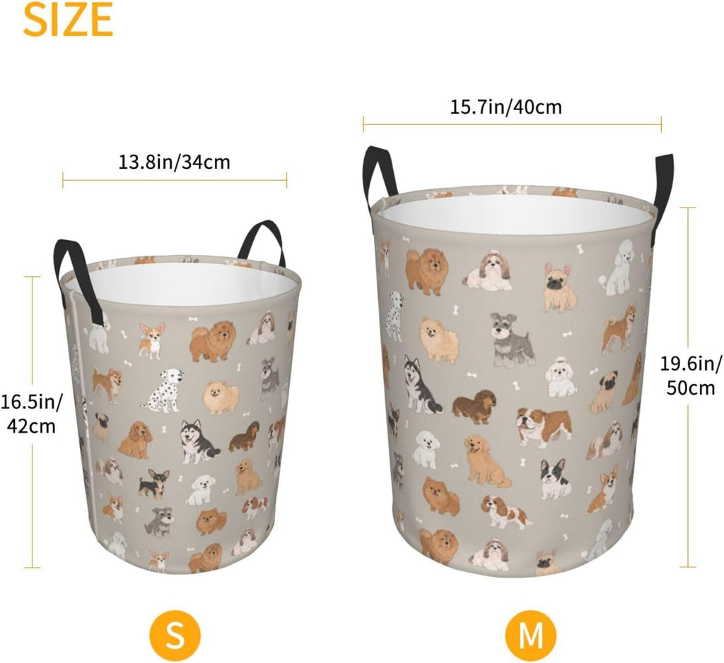 Cute Dog Animals Beige Round Laundry Hamper Storage Basket Toys Clothes Organizer Bin For Home Bathroom Bedroom Dorm Nursery, 62l