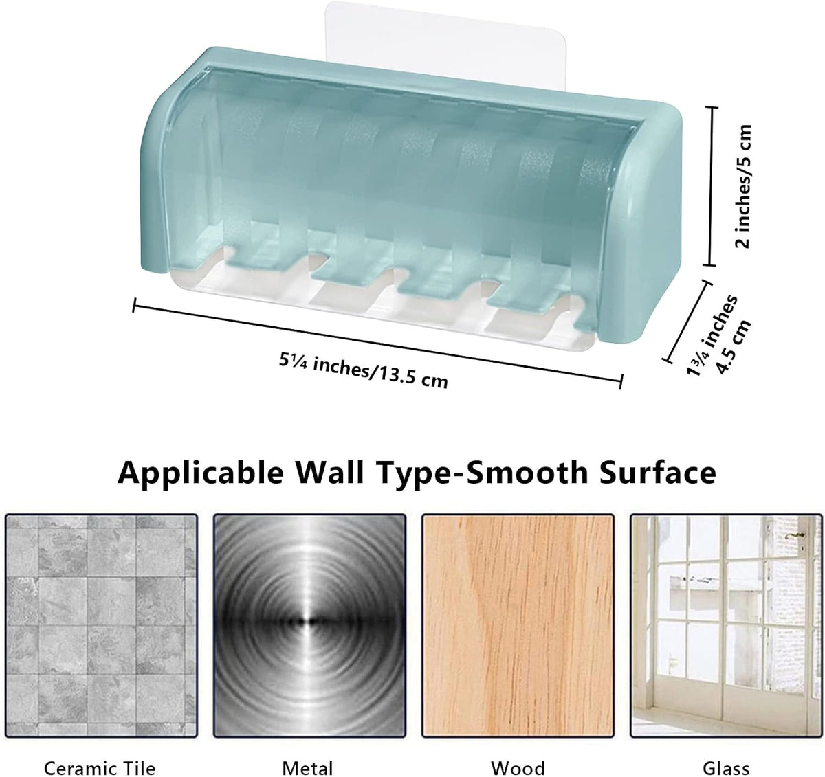 5 Slots Toothbrush Holder Wall Mount with Cover, Self Adhesive Toothbrushes Storage Organizer Perfect for Dorm Bathrooms and Shower, Holds 5 Toothbrushes. (Blue)