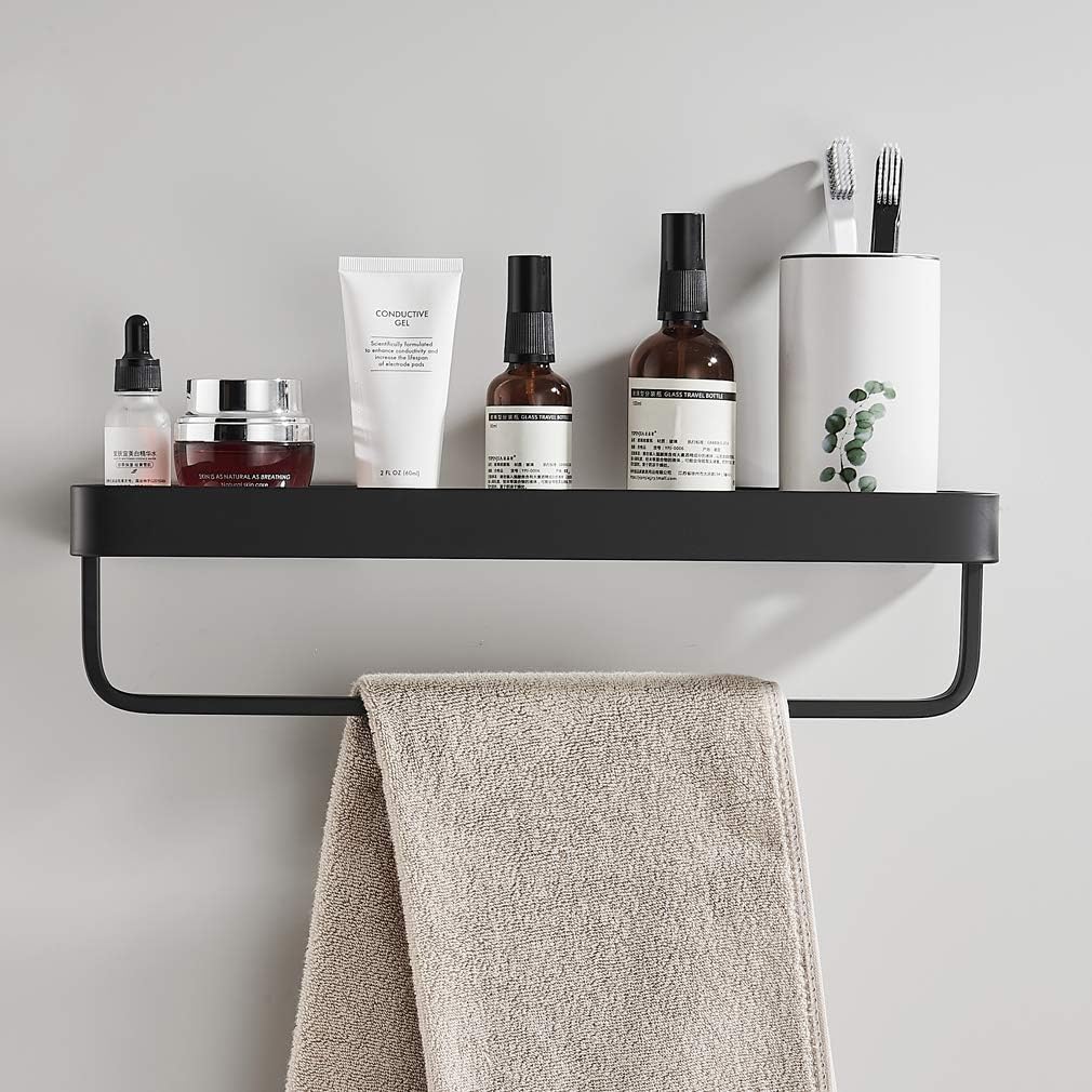 15.7 Inch Bathroom Tempered Glass Shelf with Towel Bar,Wall Mounted Aluminum Shower Organizer,Over Toilet Storage Cabinet,Matte Black,Kitchen Rectangular Vanity Rack