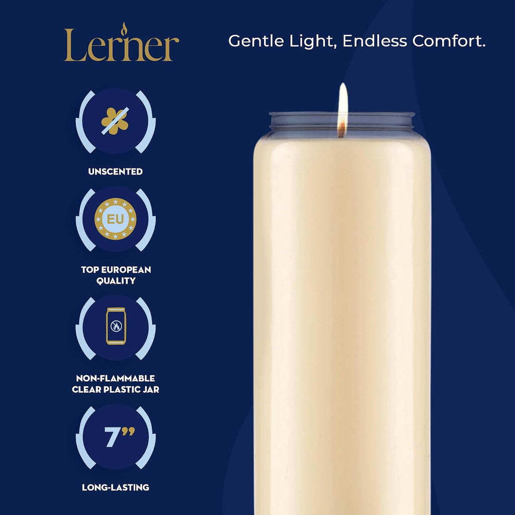 Lerner 9-Day Memorial Candles, 10 Pack, 7” Pillar Prayer Candle in Plastic Jar, Long-Lasting Smokeless Clean Burning Mourning & Shiva Candle for Vigils, Church, Emergencies, Jewish Yahrzeit Candles