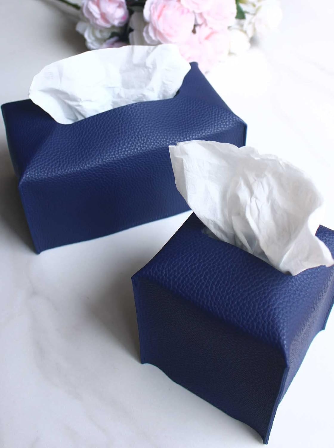 Tissue Box Cover Square Leather – Tissue Box Holder with Bottom Belt [JESMINI, Navy Blue] Decorative Cube Tissue Holder for Bathroom