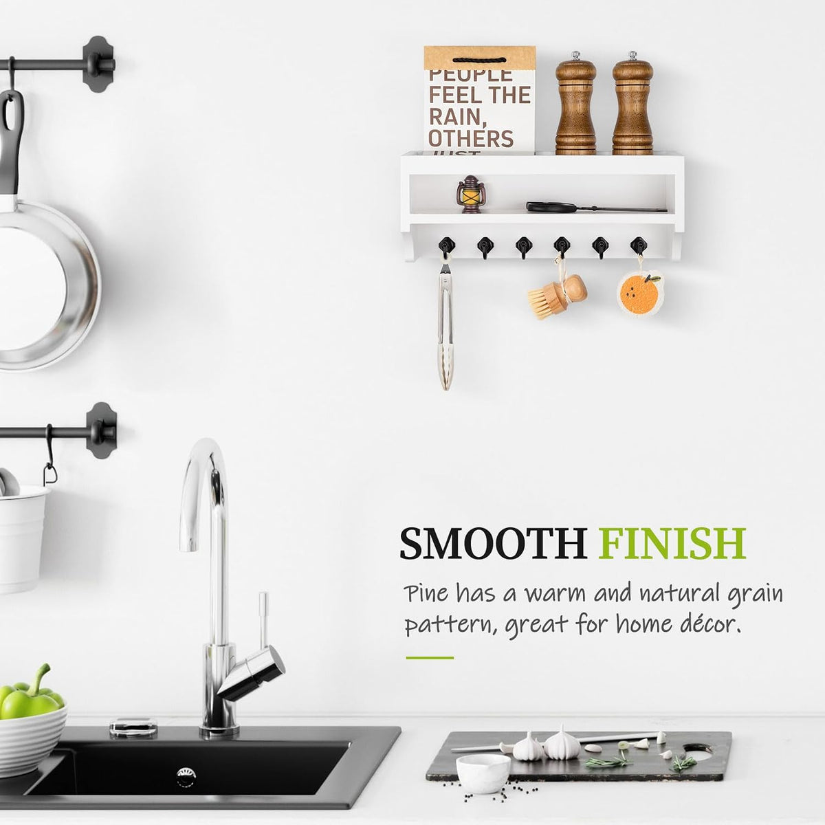 Nekon Key Holder Wall Mount, Pine Wooden Mail Organizer, White