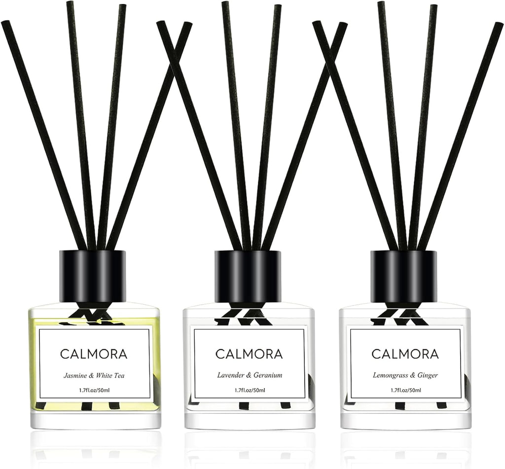 CALMORA Flameless Diffuser for Home, 3-Pack 50ml (1.7fl Oz) Essential Oil Reed Diffuser Set with 15 Sticks | Room Air Freshener for Bedroom, Bathroom for Women Men