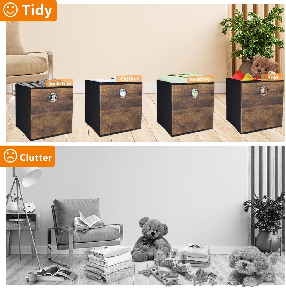 4 Pack Durable Storage Cube Bins with Decorative Wood Grain,Thickened Fabric Box,Storage Basket for Shelves,Closet,Storeroom,Bedroom,Living Room,Nursery,Office,Dorm,RV, 12x12x12in ( (Medium)
